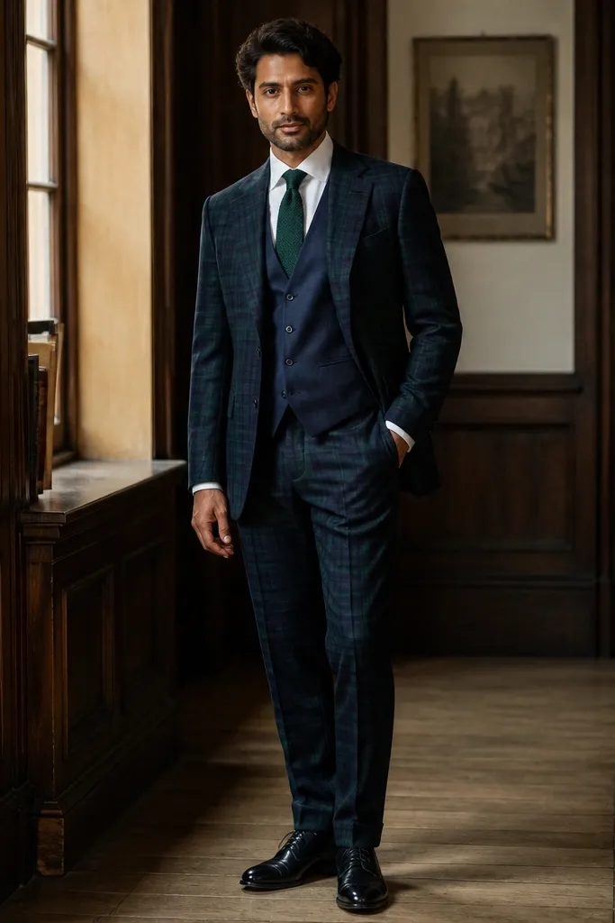 Blackwatch plaid three-piece suit with solid vest and white shirt.