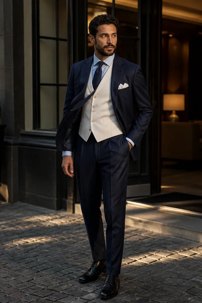 Navy three-piece suit with off-white vest and white pocket square.
