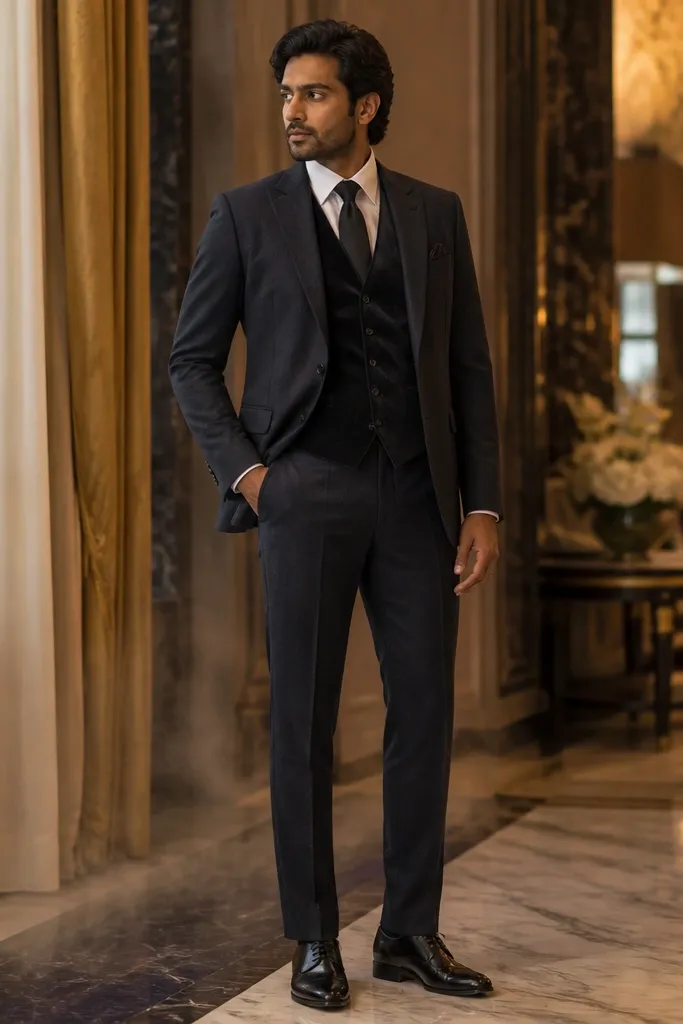 Charcoal three-piece suit with dark velvet vest and white shirt.