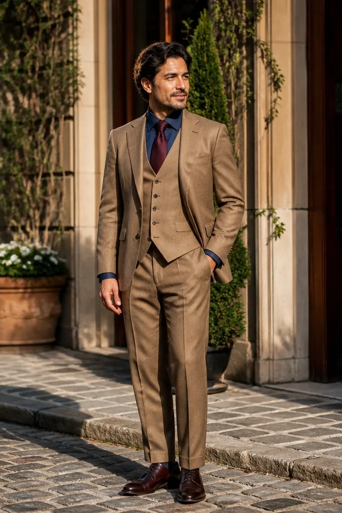 Tan three-piece suit with navy shirt and brown leather shoes.