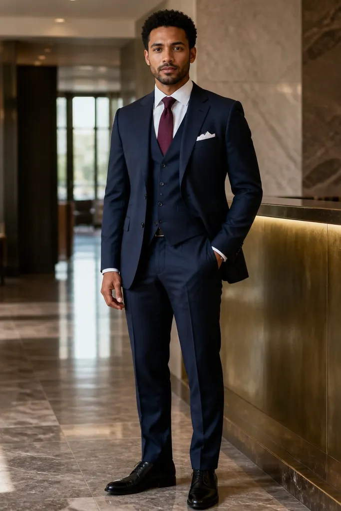 Navy three-piece suit with burgundy tie and white pocket square.