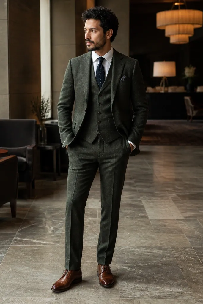 Olive three-piece suit with patterned tie and white shirt.