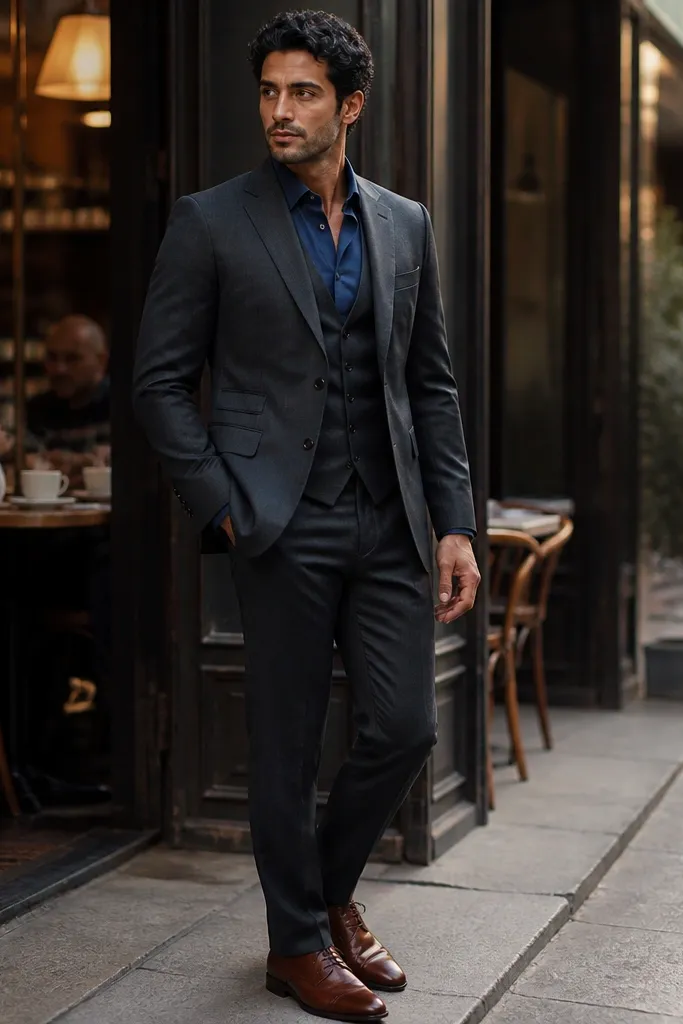 Charcoal three-piece suit with blue shirt and dark brown leather shoes.