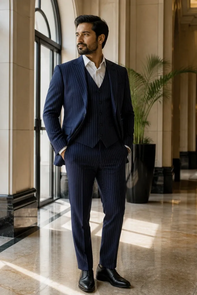 Navy pinstripe three-piece suit with white shirt and black shoes.