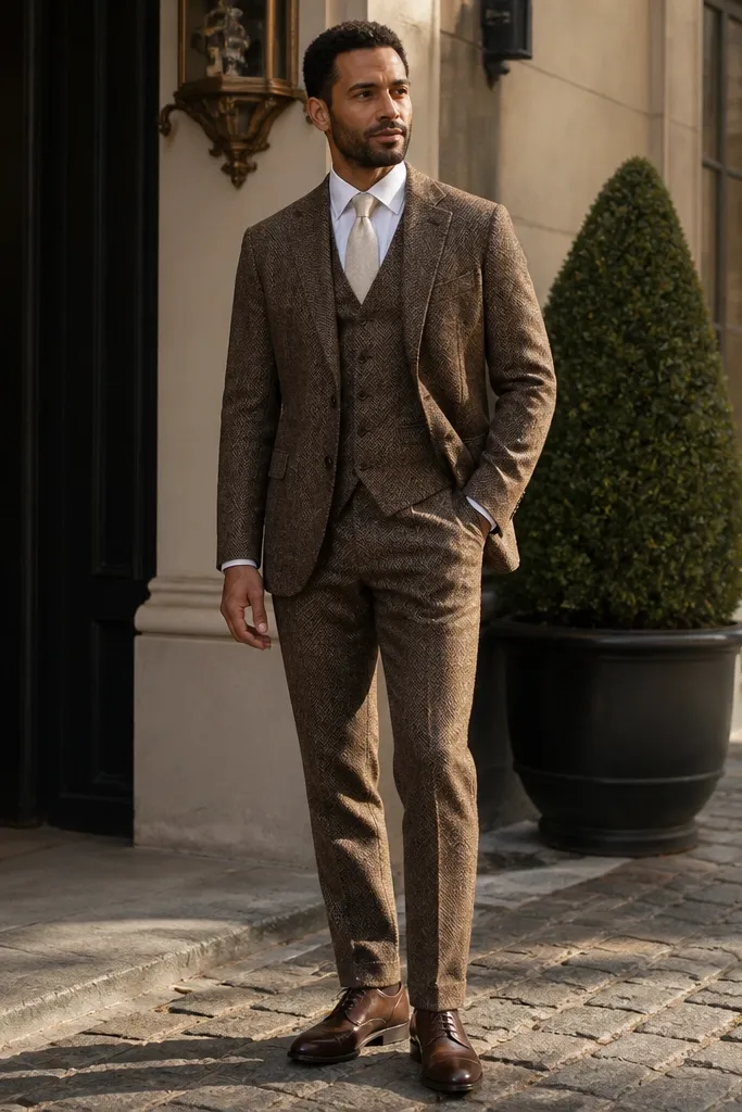 Brown herringbone three-piece suit with cream tie and white shirt.