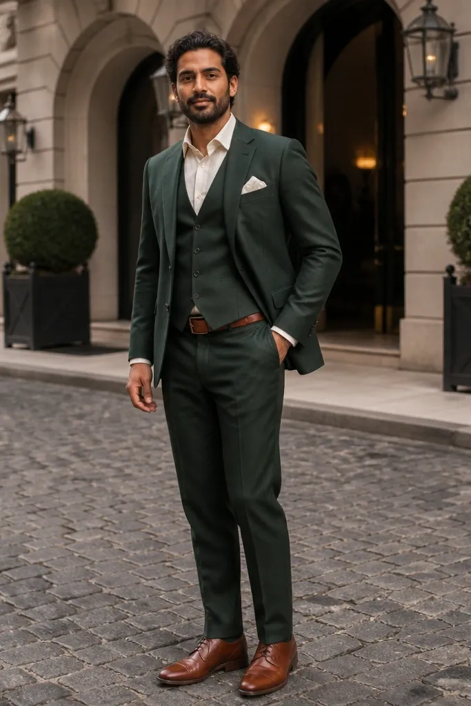 Forest green suit with ivory vest, white pocket square, cognac boots