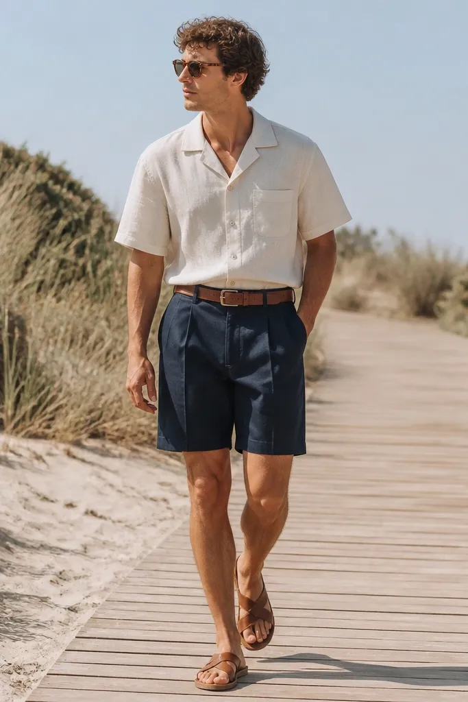 A man wearing an ecru linen camp collar shirt with short sleeves, paired with navy pleated shorts that sit at the natural waist. Tan leather sandals and a simple brown belt are visible. The look is photographed on a sandy boardwalk with bright daylight.