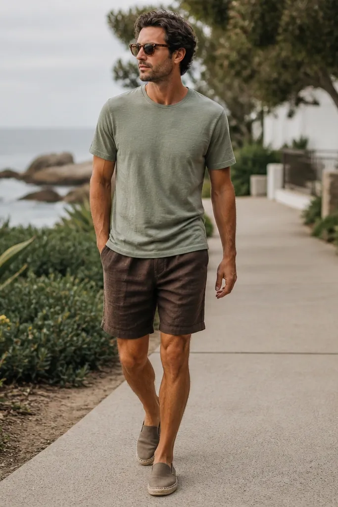 A man wearing a washed sage slub cotton T-shirt with visible texture, paired with chocolate brown linen shorts. He's wearing tan espadrille-style loafers and no-show socks. The photo shows a coastal sidewalk with greenery.