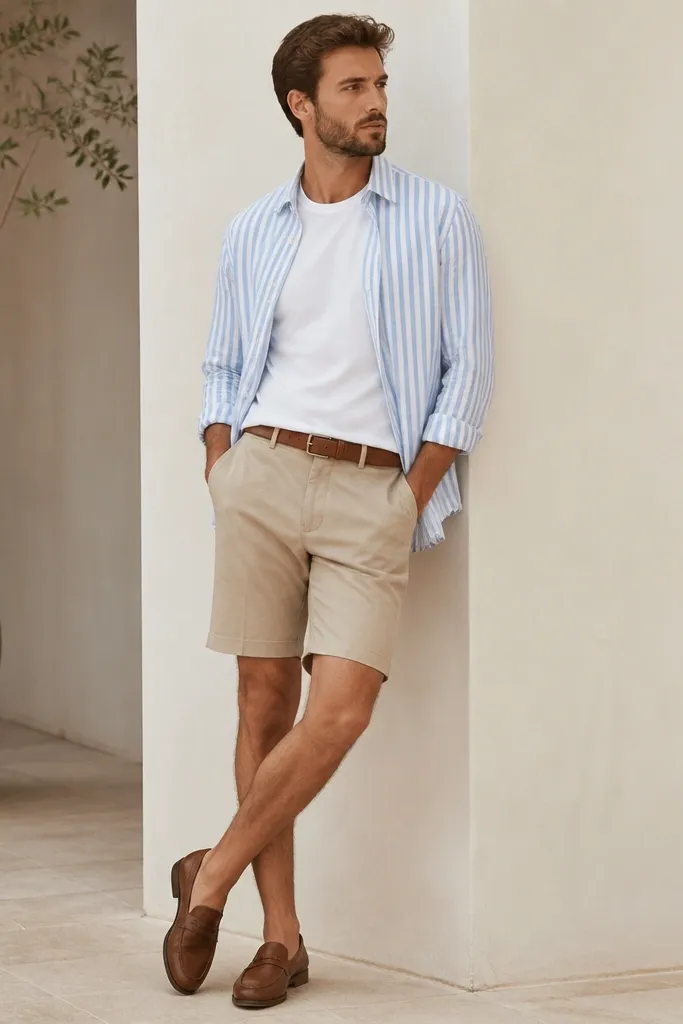 A light blue and white striped linen shirt worn open over a plain white tee, paired with tan tailored shorts. Brown leather loafers and a thin brown belt appear in the frame.