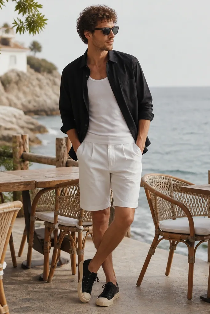 A black lightweight overshirt worn unbuttoned over a white tank or tee, paired with white Bermuda-length shorts. Black canvas sneakers are shown. The setting looks like a seaside café patio.