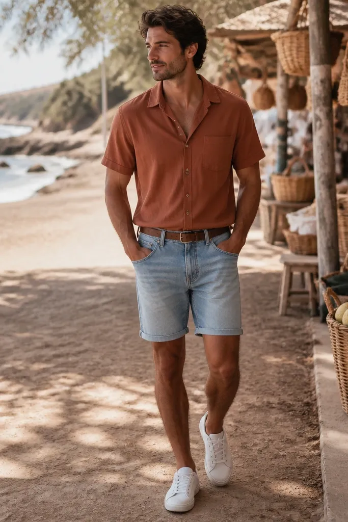 A rust terracotta short-sleeve button shirt worn with light wash denim shorts. White sneakers and a simple belt are visible. Background is a beachside market.