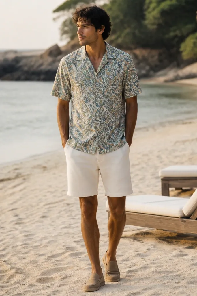 A patterned short-sleeve camp shirt with batik-style swirls in muted colors, paired with solid ecru shorts. Tan slip-on shoes are visible. The photo shows beach chairs in the background.