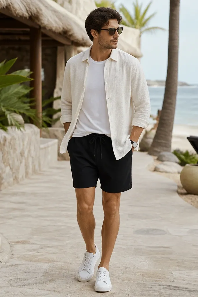 An off-white gauze or textured shirt worn open over a plain tee, paired with black drawstring shorts. White sneakers and a minimal watch are visible. The setting looks like a beach resort walkway.