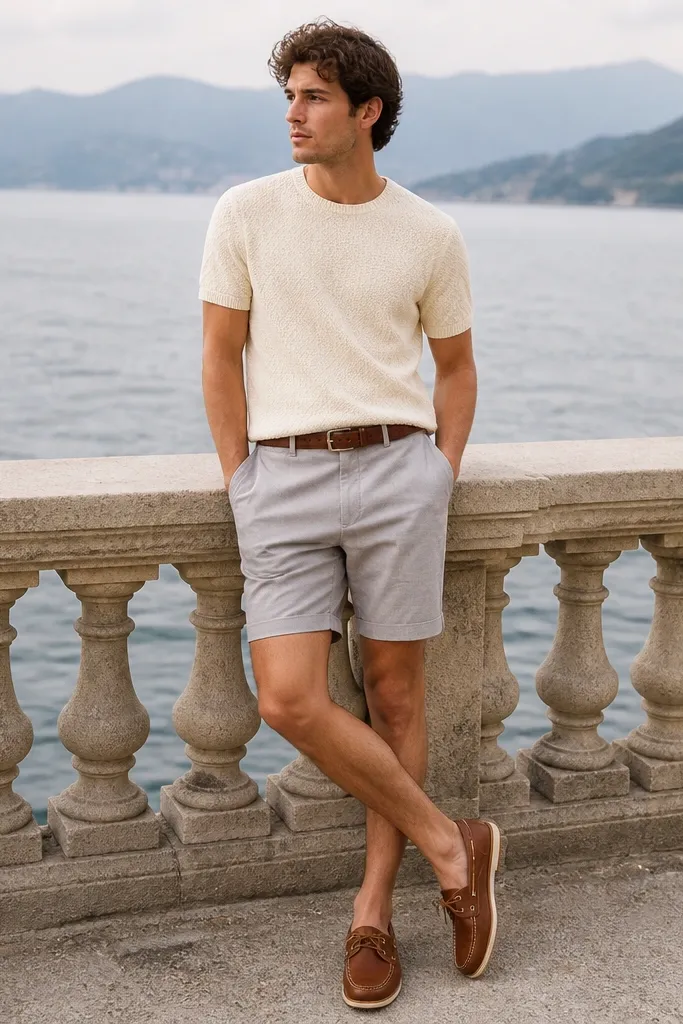 A cream knit tee paired with light grey tailored shorts and brown boat shoes. The outfit is photographed near water with soft lighting. A brown belt is visible.