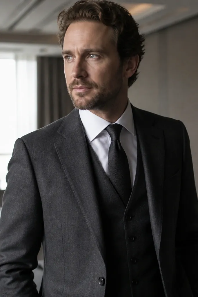 Charcoal three-piece suit with white shirt and black tie