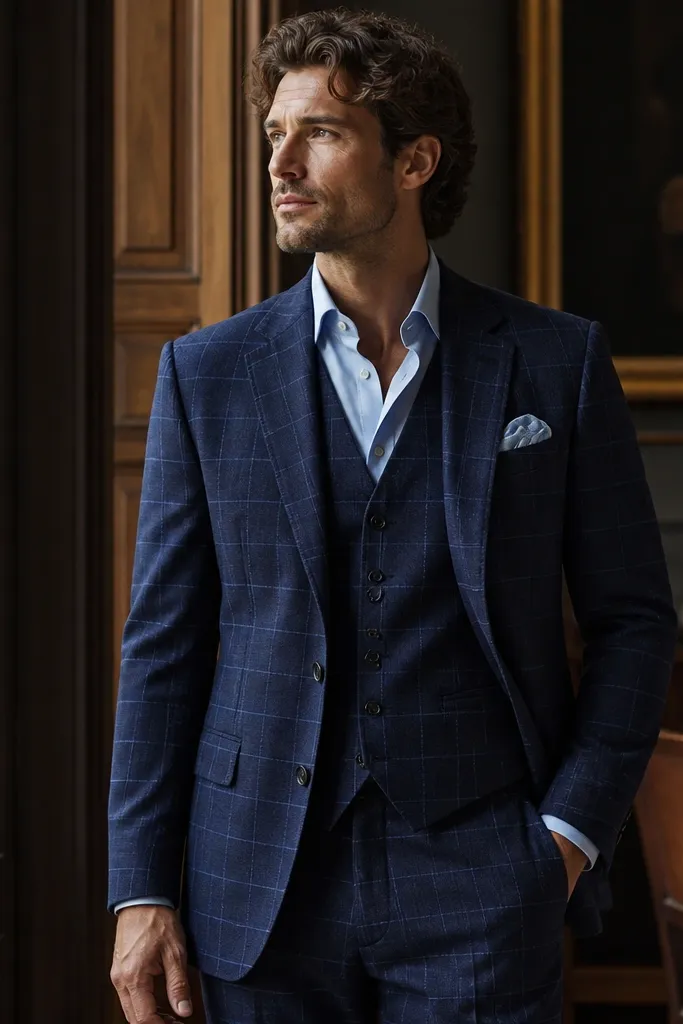 Navy three-piece suit with windowpane pattern and powder blue shirt