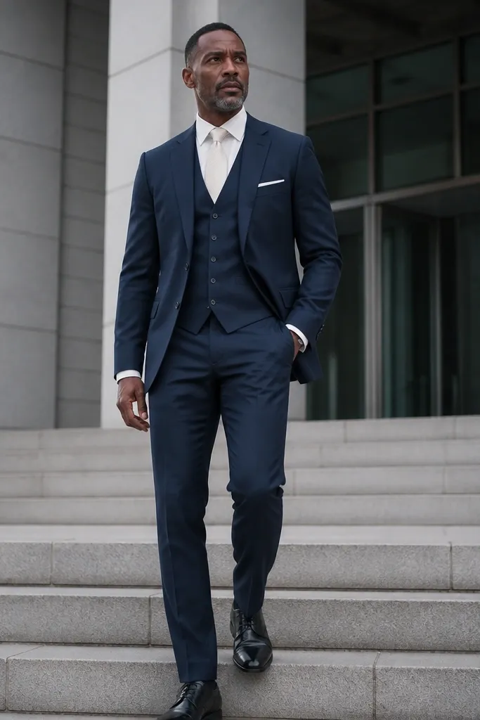 Midnight blue three-piece suit with ivory knit tie