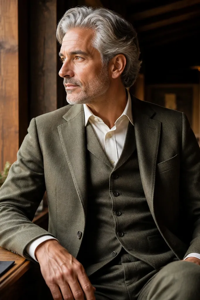 Olive green three-piece suit with cream shirt and dark brown shoes