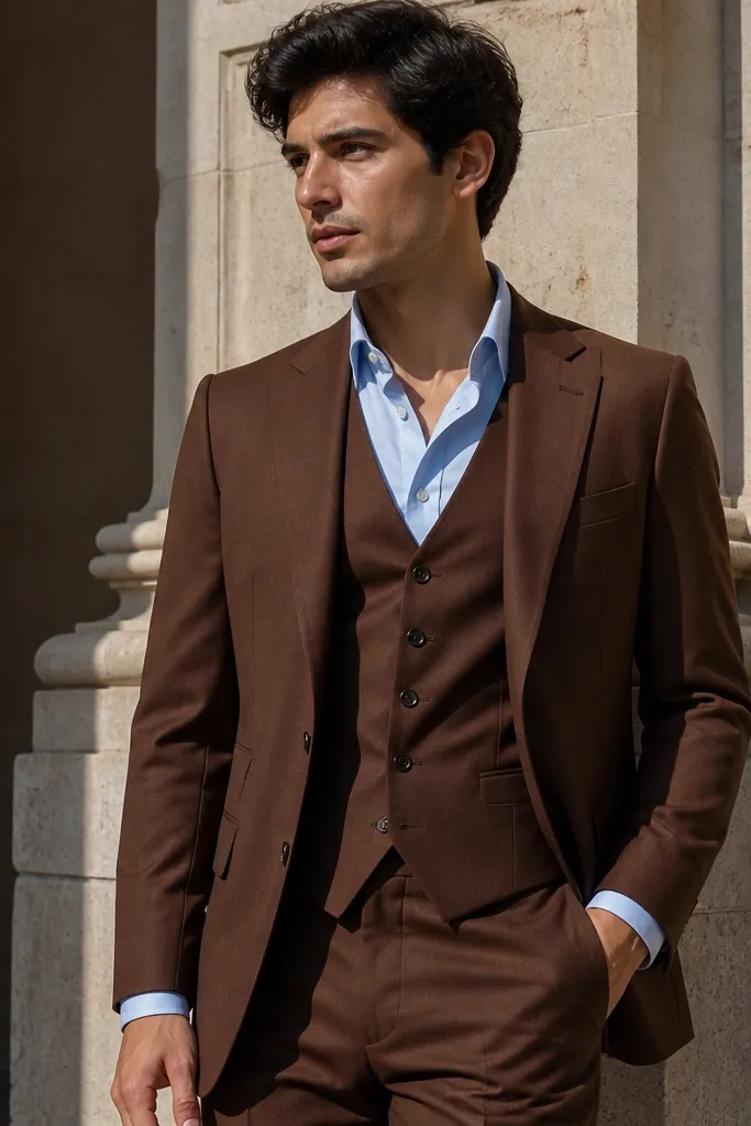 Rust brown three-piece suit with light blue oxford shirt