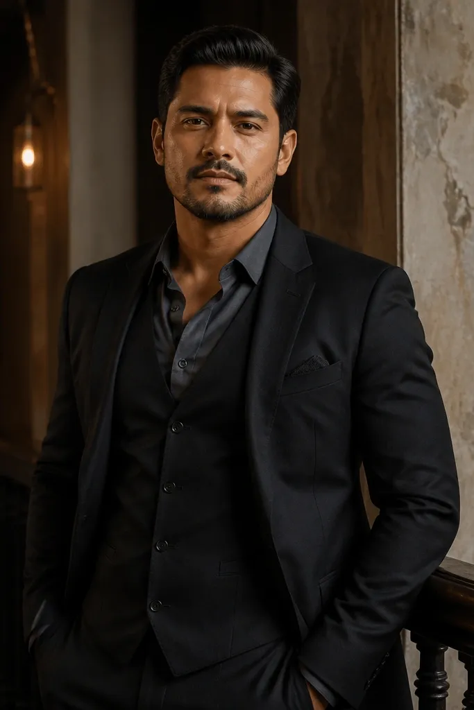 Black three-piece suit with charcoal shirt and black shoes