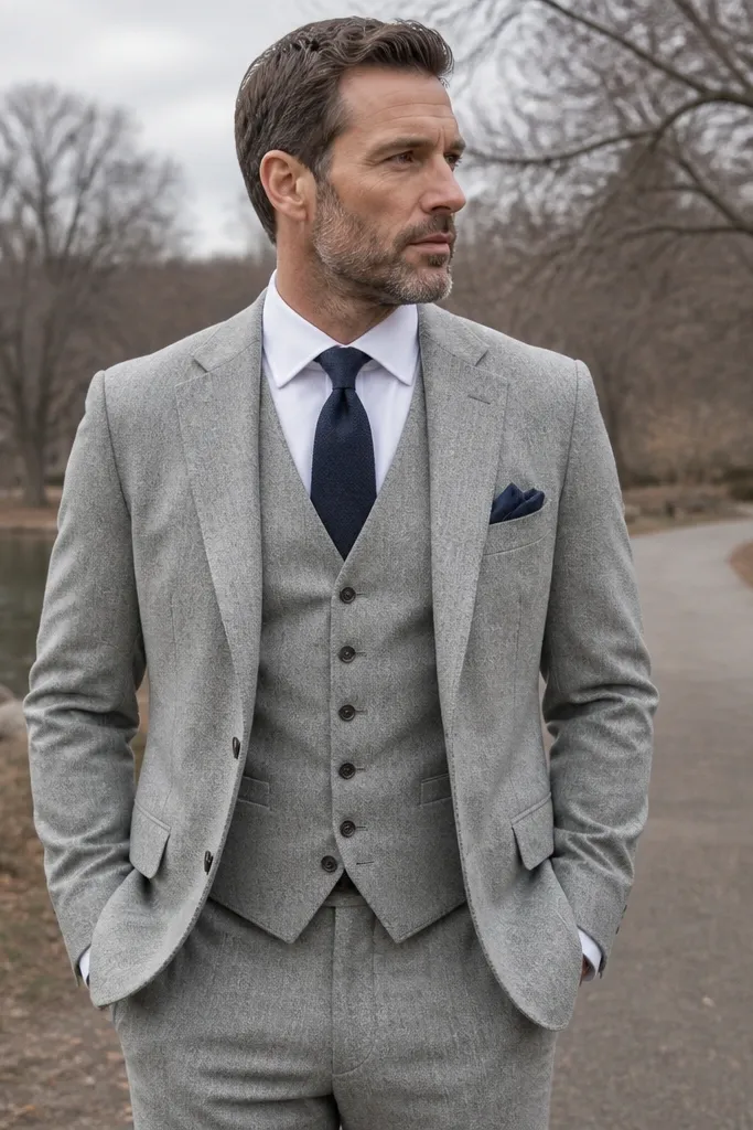 Light grey flannel three-piece suit with white shirt and navy tie