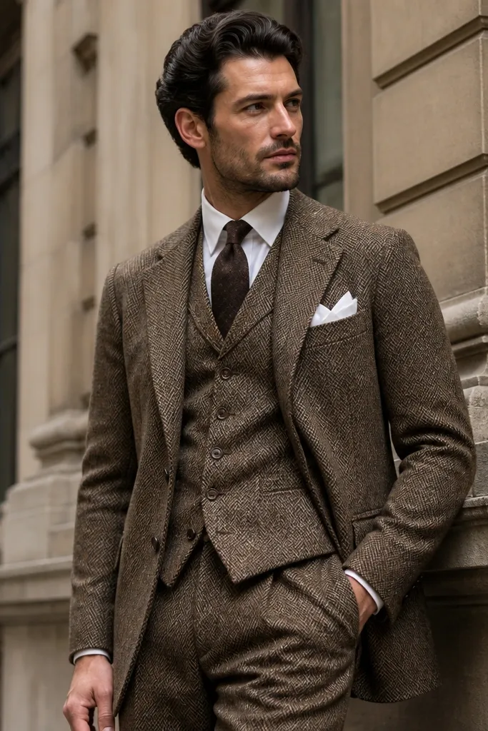 Brown herringbone three-piece suit with white shirt and brown tie