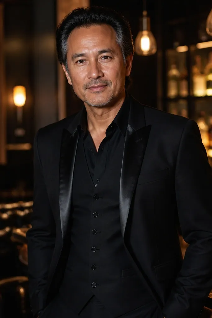 Black three-piece suit with subtle velvet lapel and black tie