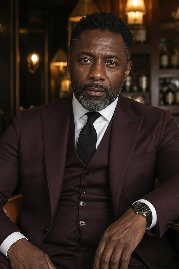 Burgundy three-piece suit with white shirt and black tie