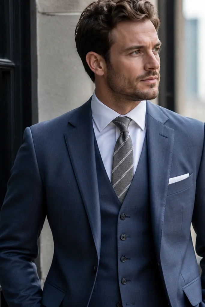 Slate blue three-piece suit with white shirt and grey striped tie