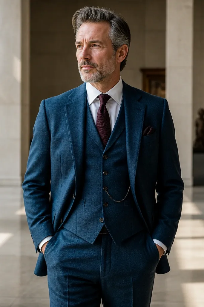 Teal three-piece suit with white shirt and burgundy tie