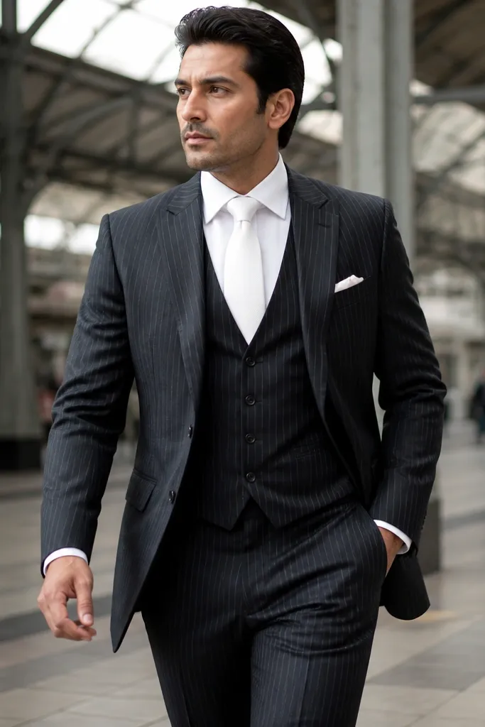Charcoal pinstripe three-piece suit with white shirt and white tie