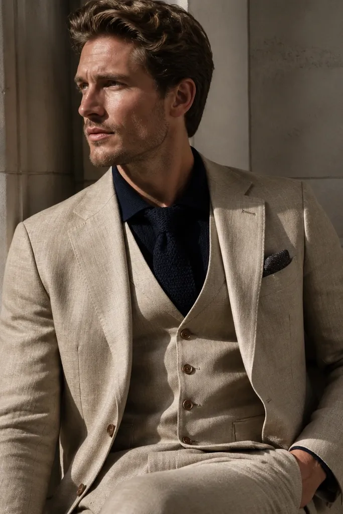Sandstone three-piece suit with light shirt and navy knit tie