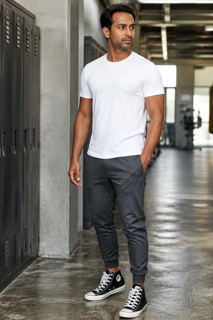 Black Converse with charcoal tapered joggers and a white crew-neck tee
