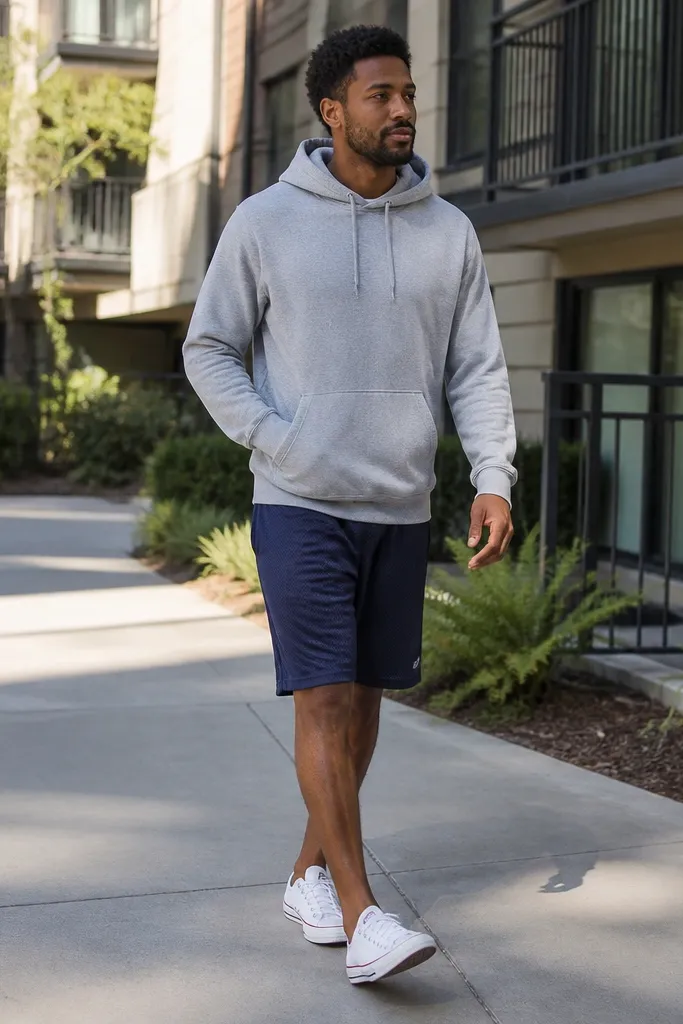 White Converse with navy shorts and a light gray hoodie