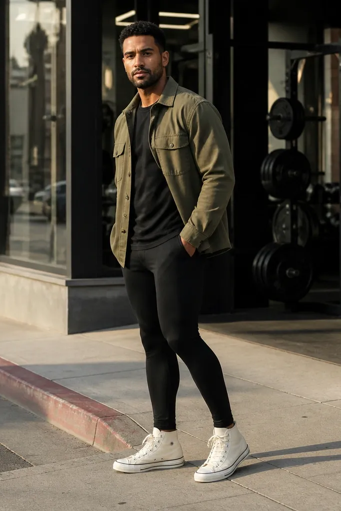 Cream Converse with an olive overshirt and black leggings