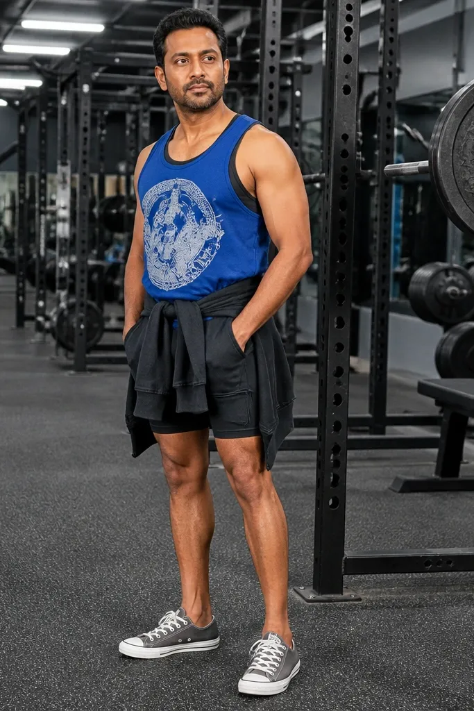 Gray Converse with black compression shorts and a graphic tank top