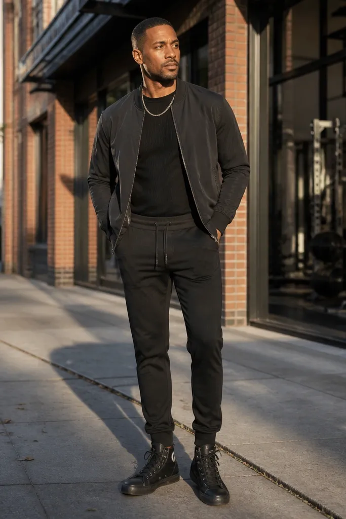 Black Converse with an all-black ribbed tee and black joggers