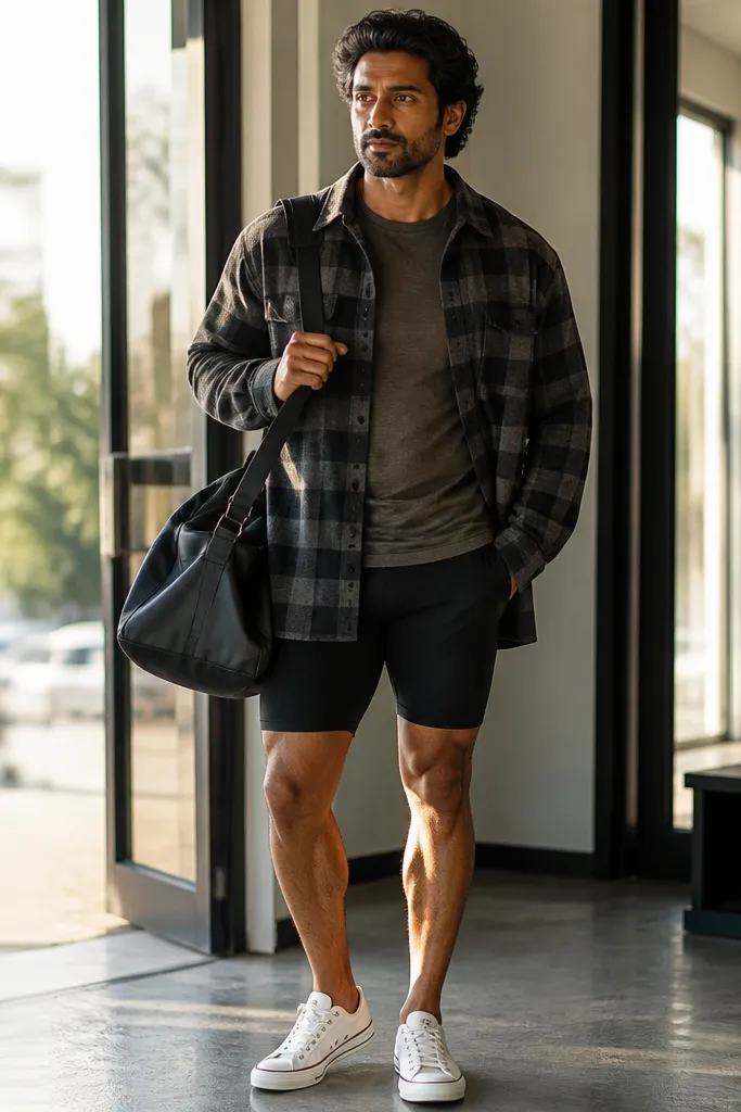 White Converse with black cycling shorts and an oversized flannel