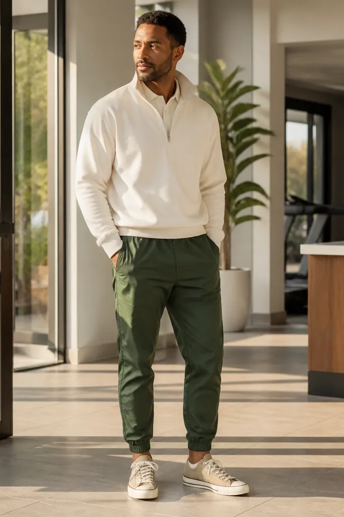 Khaki Converse with dark green joggers and a cream polo shirt