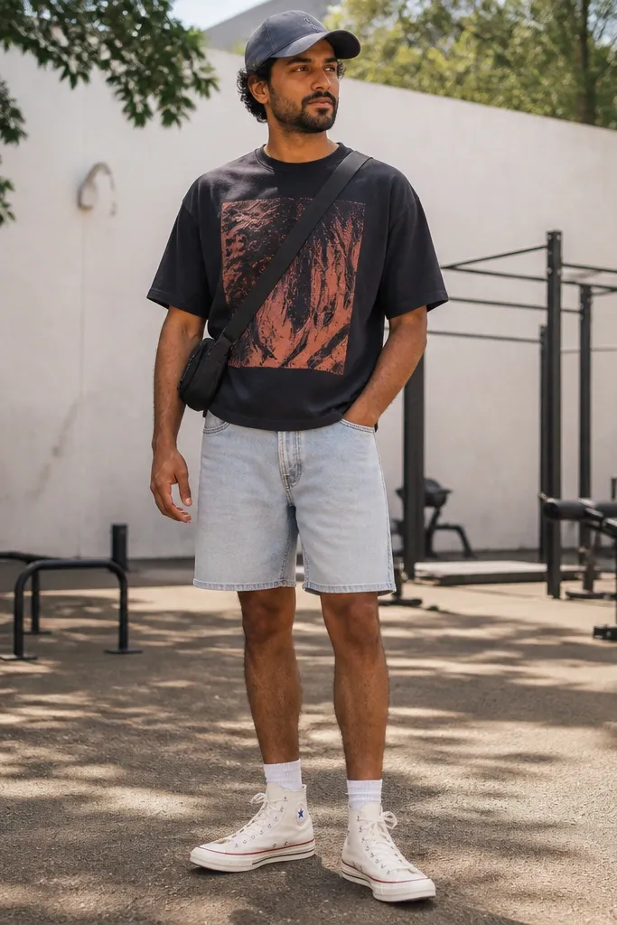 White Converse high-tops with light-wash denim shorts and a graphic tee