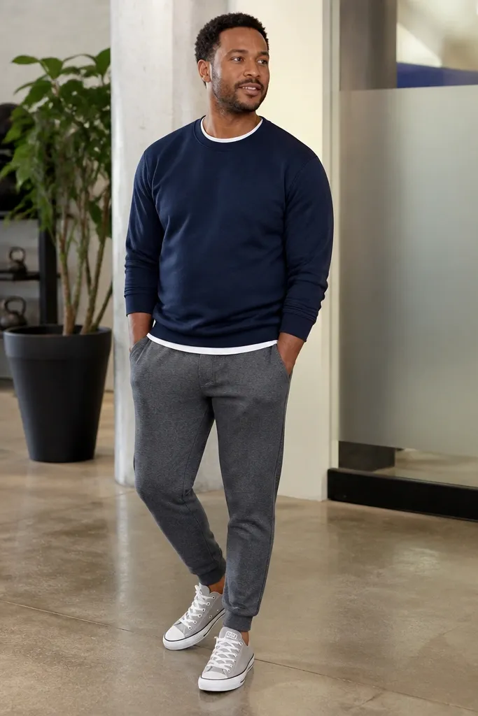 Gray Converse with a navy sweatshirt and dark gray sweatpants