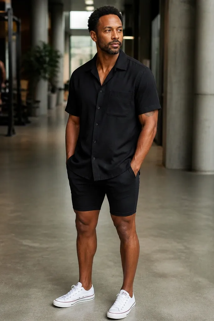 White Converse with a black short-sleeve button-up and black bike shorts