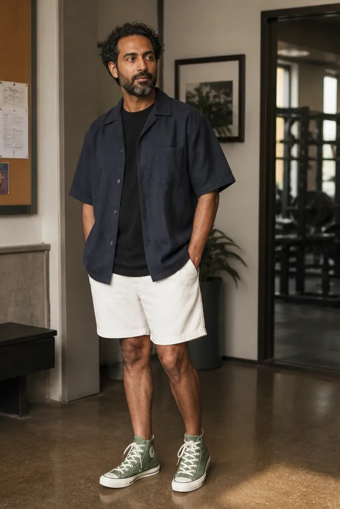 Sage Converse with white terry shorts and a navy camp shirt