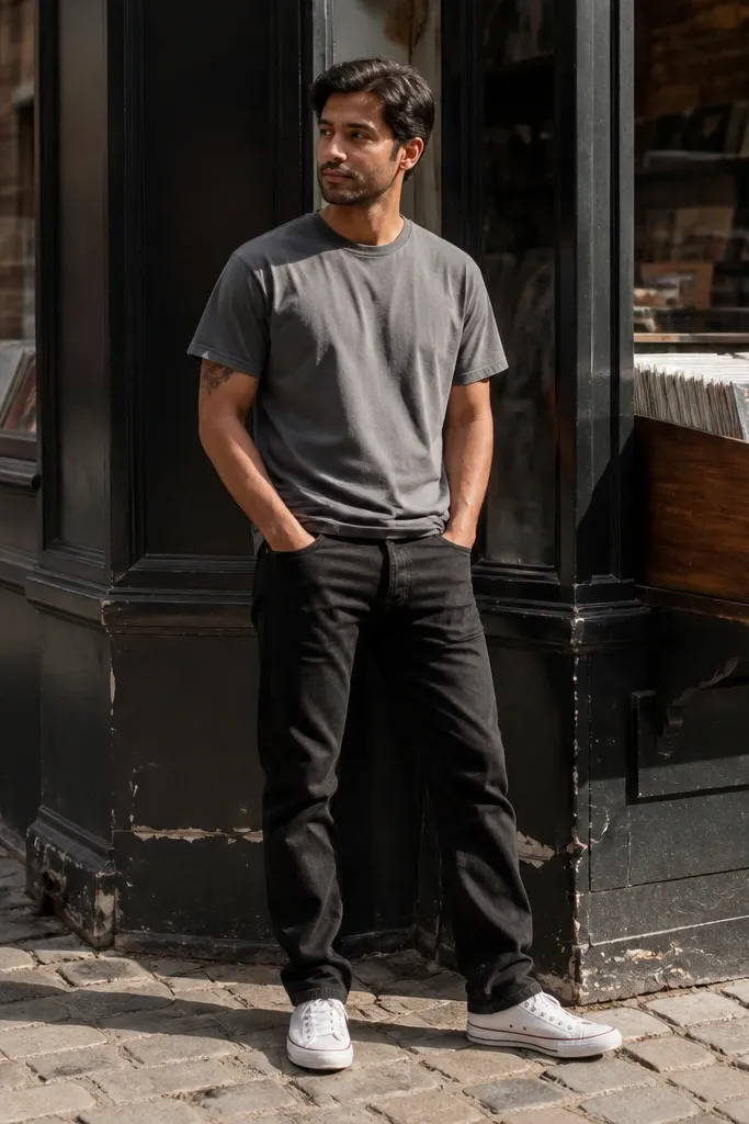 Black straight jeans with white Converse and a grey boxy tee