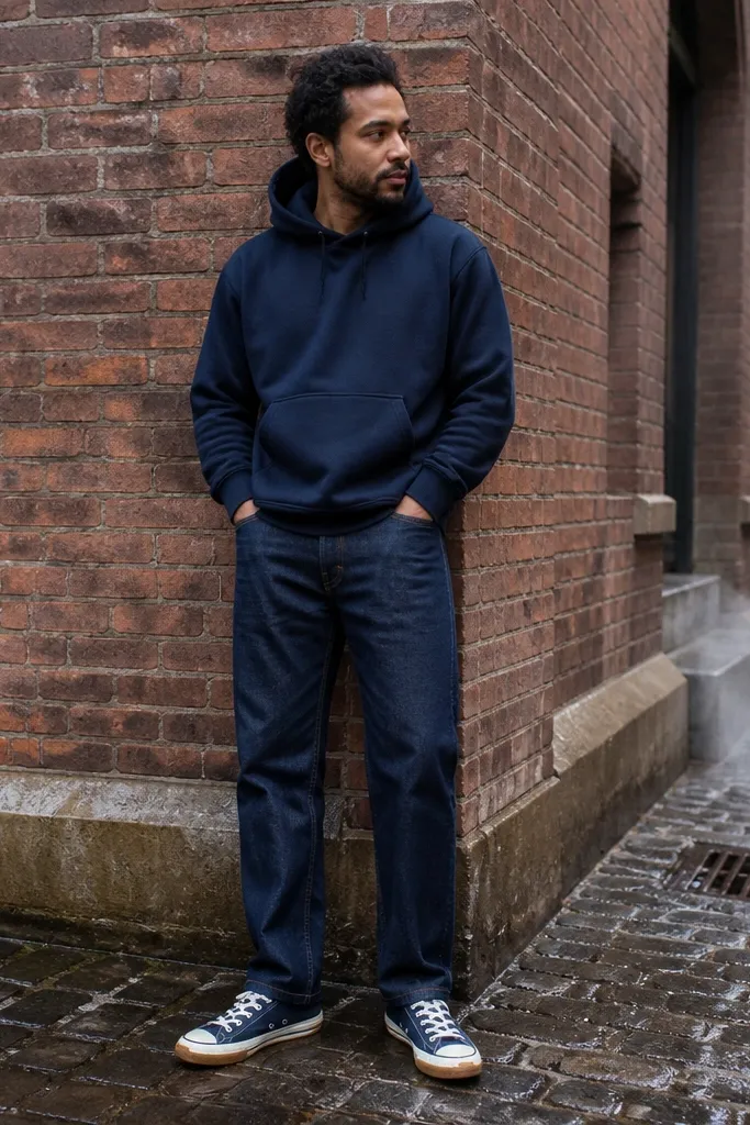 Indigo denim with a navy hoodie and gum-soled Converse