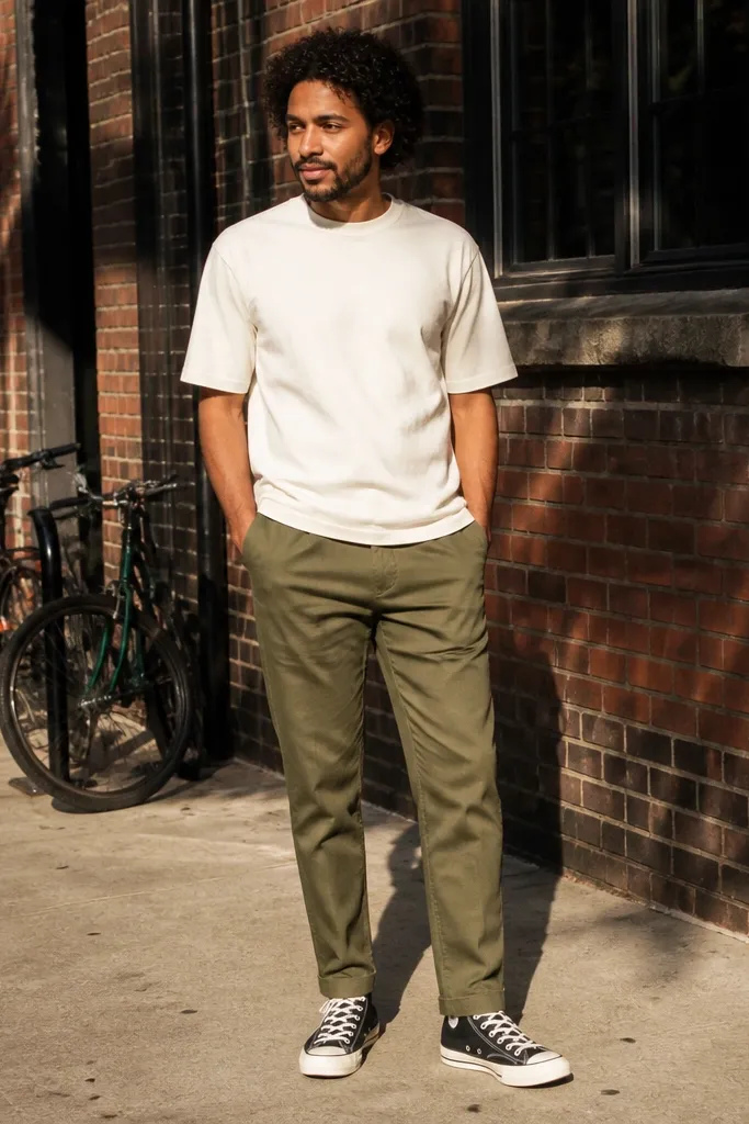Olive tapered chinos with a cream tee and black Converse high-tops