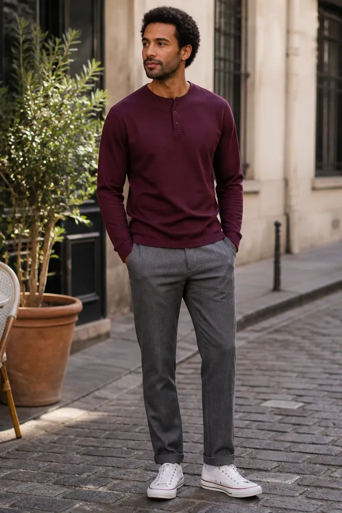 Grey twill pants with a burgundy henley and white Converse