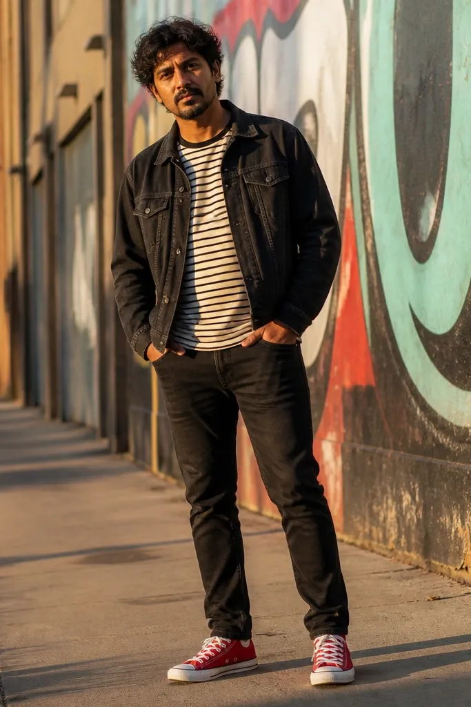 Striped tee with a black denim jacket and red Converse