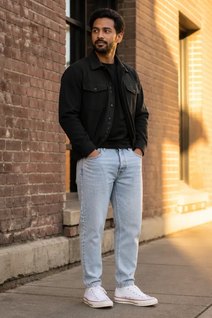 Light wash relaxed jeans with a black overshirt and white Converse