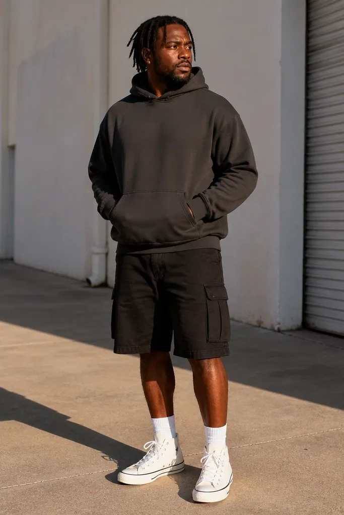 Charcoal hoodie with black cargo shorts and white Converse high-tops